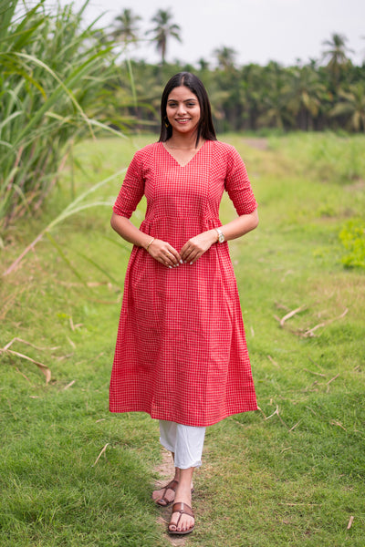 Christmas Red Checks Handloom Dress