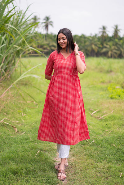 Christmas Red Checks Handloom Dress