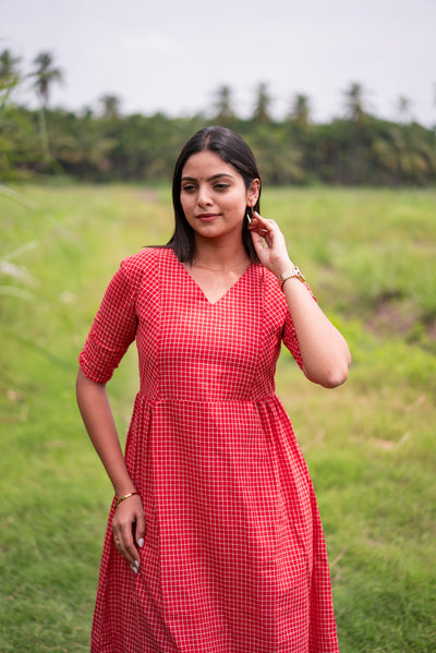 Christmas Red Checks Handloom Dress