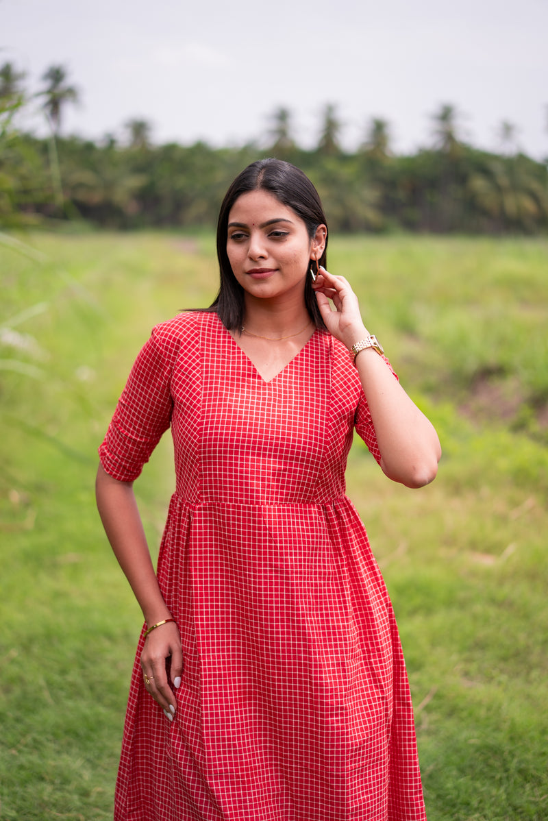 Christmas Red Checks Handloom Dress