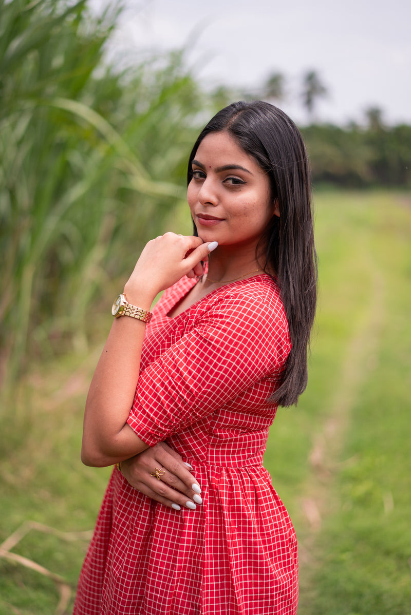 Christmas Red Checks Handloom Dress