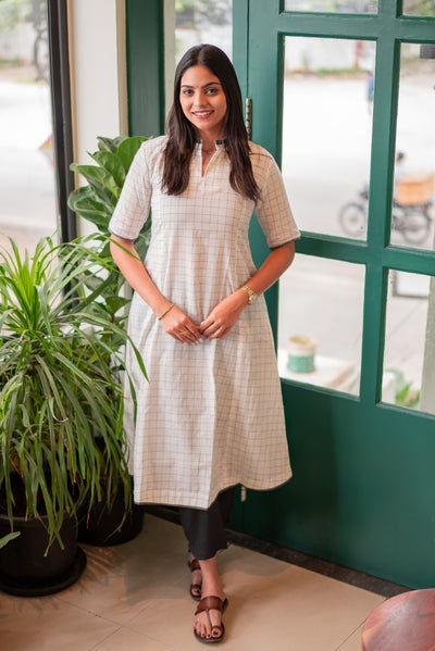 Coconut White Checks Handloom A-Line Kali Kurta