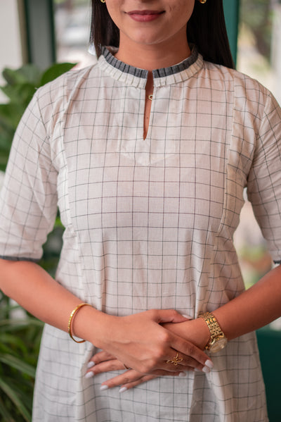 Coconut White Checks Handloom A-Line Kali Kurta