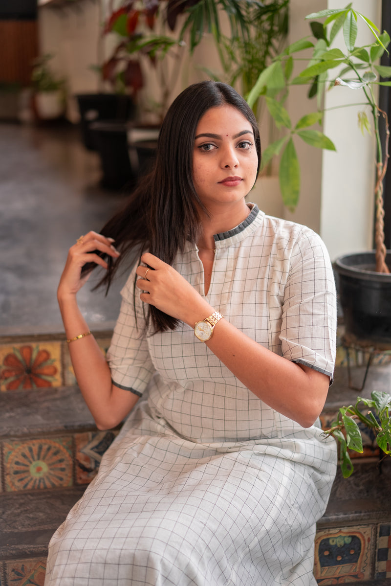 Coconut White Checks Handloom A-Line Kali Kurta