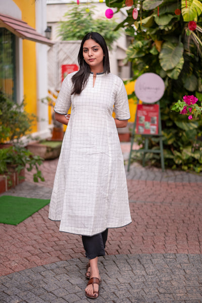 Coconut White Checks Handloom A-Line Kali Kurta