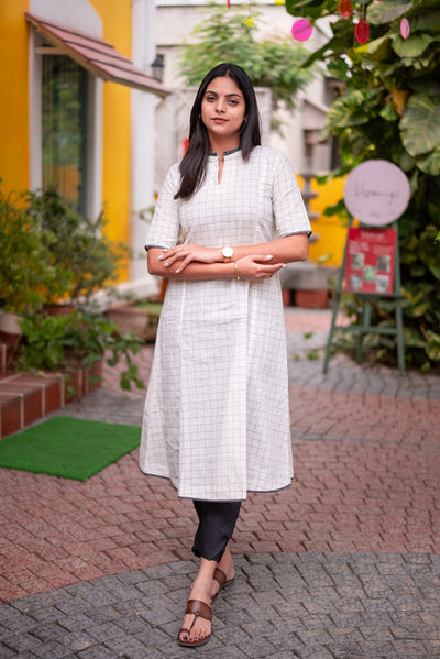 Coconut White Checks Handloom A-Line Kali Kurta
