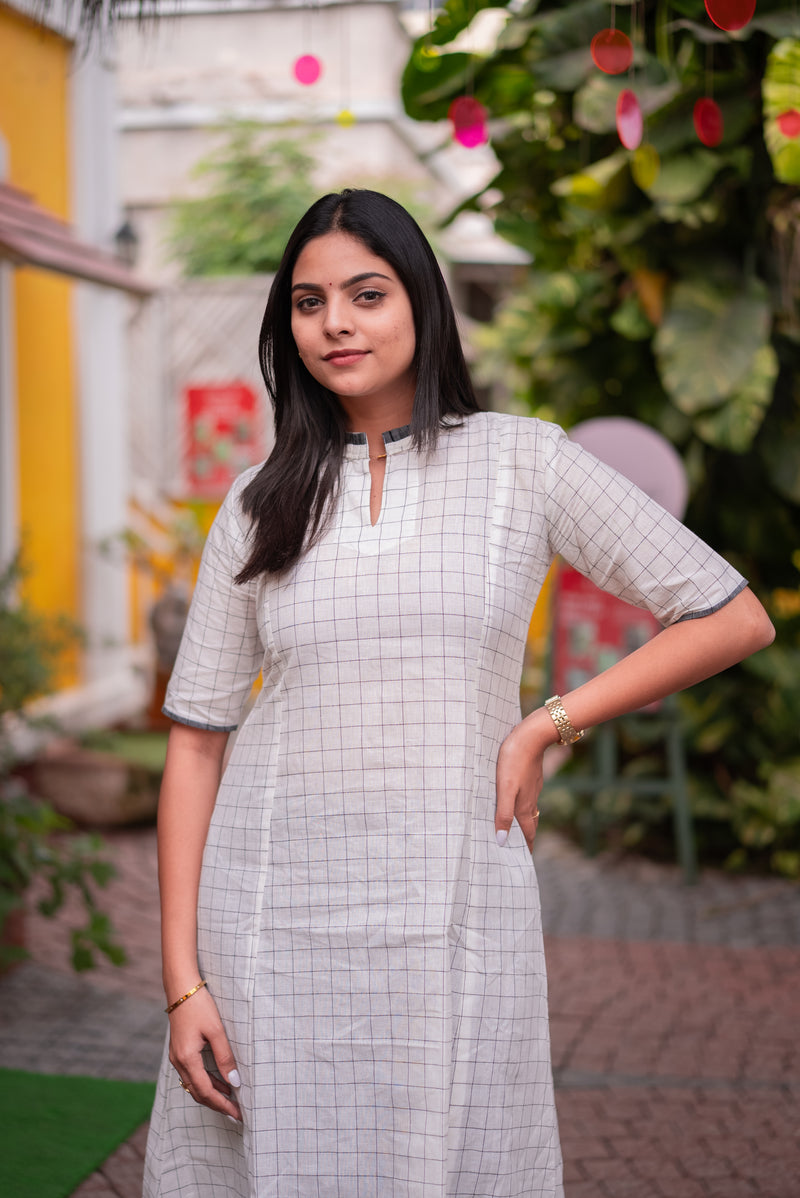 Coconut White Checks Handloom A-Line Kali Kurta