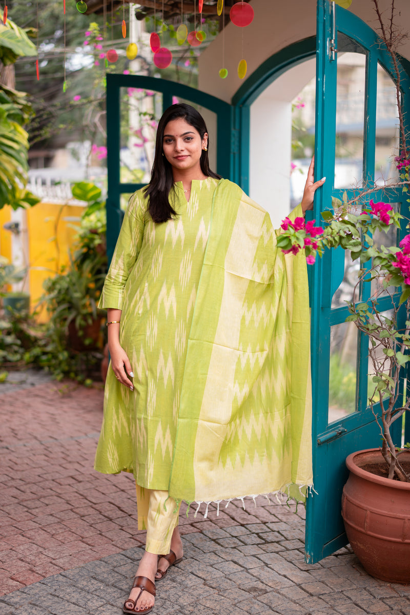 Lime Green Ikkat Kurta Set with Dupatta