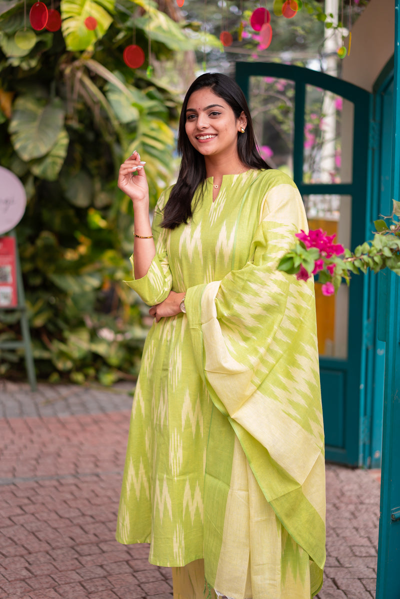 Lime Green Ikkat Kurta Set with Dupatta