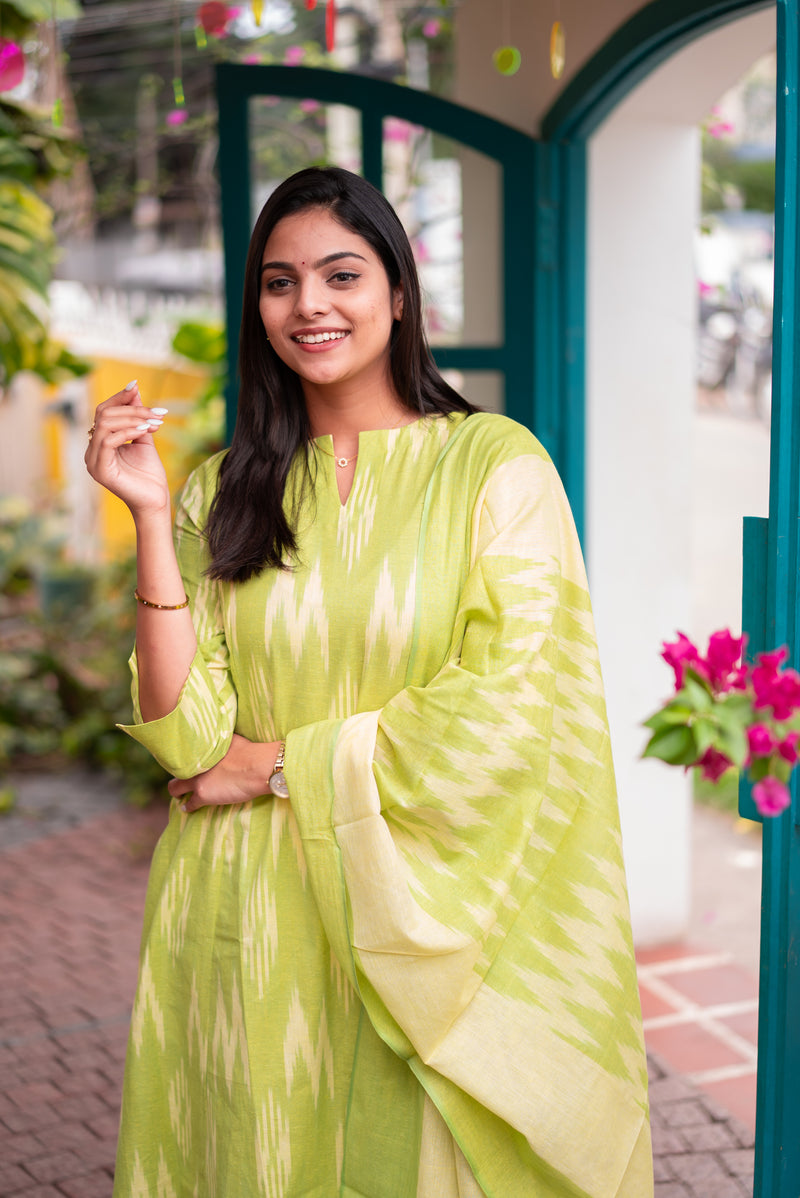 Lime Green Ikkat Kurta Set with Dupatta