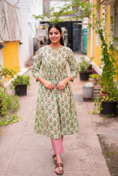 Pista Green Floral Handblock A-Line Kurta