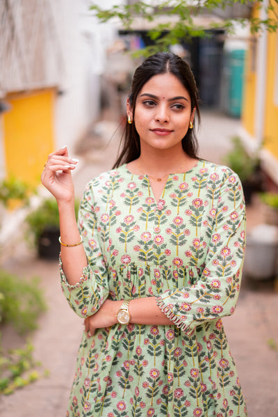 Pista Green Floral Handblock A-Line Kurta