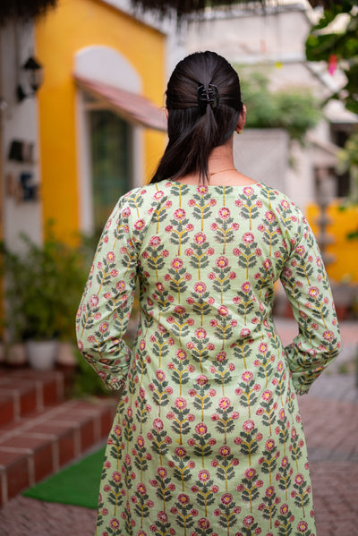 Pista Green Floral Handblock A-Line Kurta