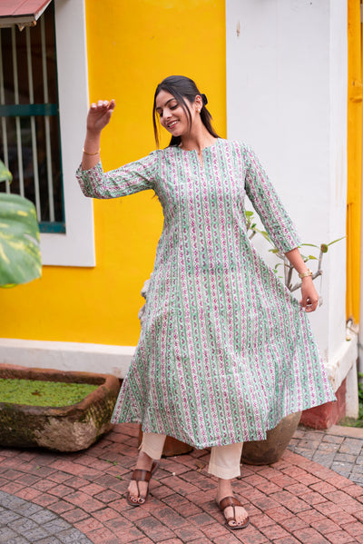 Floral Stripe Meadow Handblock  Kali A-Line Kurta