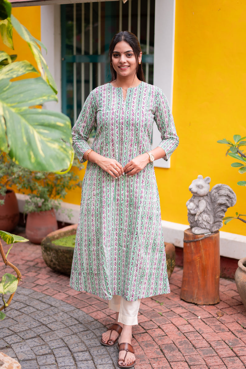 Floral Stripe Meadow Handblock  Kali A-Line Kurta