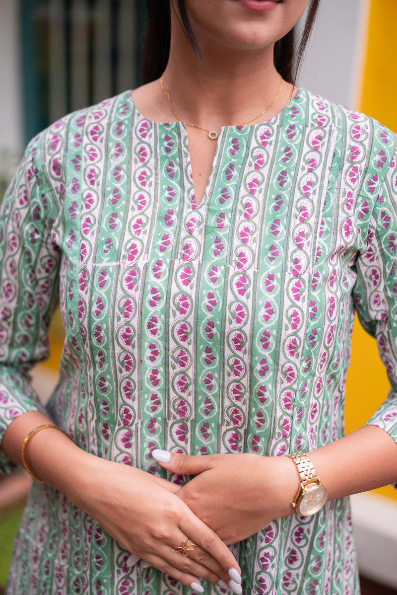 Floral Stripe Meadow Handblock  Kali A-Line Kurta