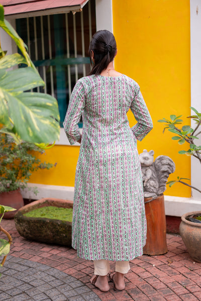 Floral Stripe Meadow Handblock  Kali A-Line Kurta