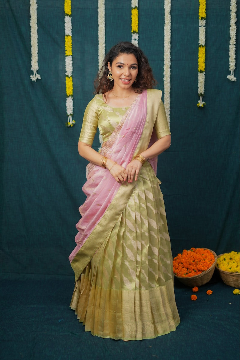 Aalaya Green with Pink Banarasi Half Saree Set