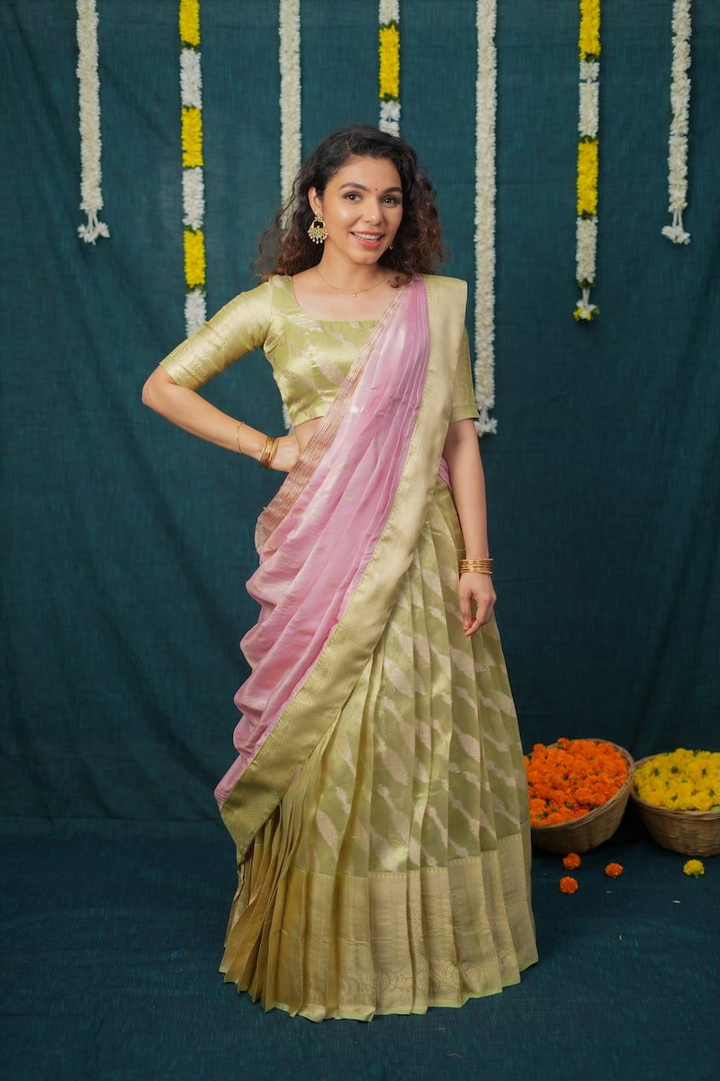 Aalaya Green with Pink Banarasi Half Saree Set