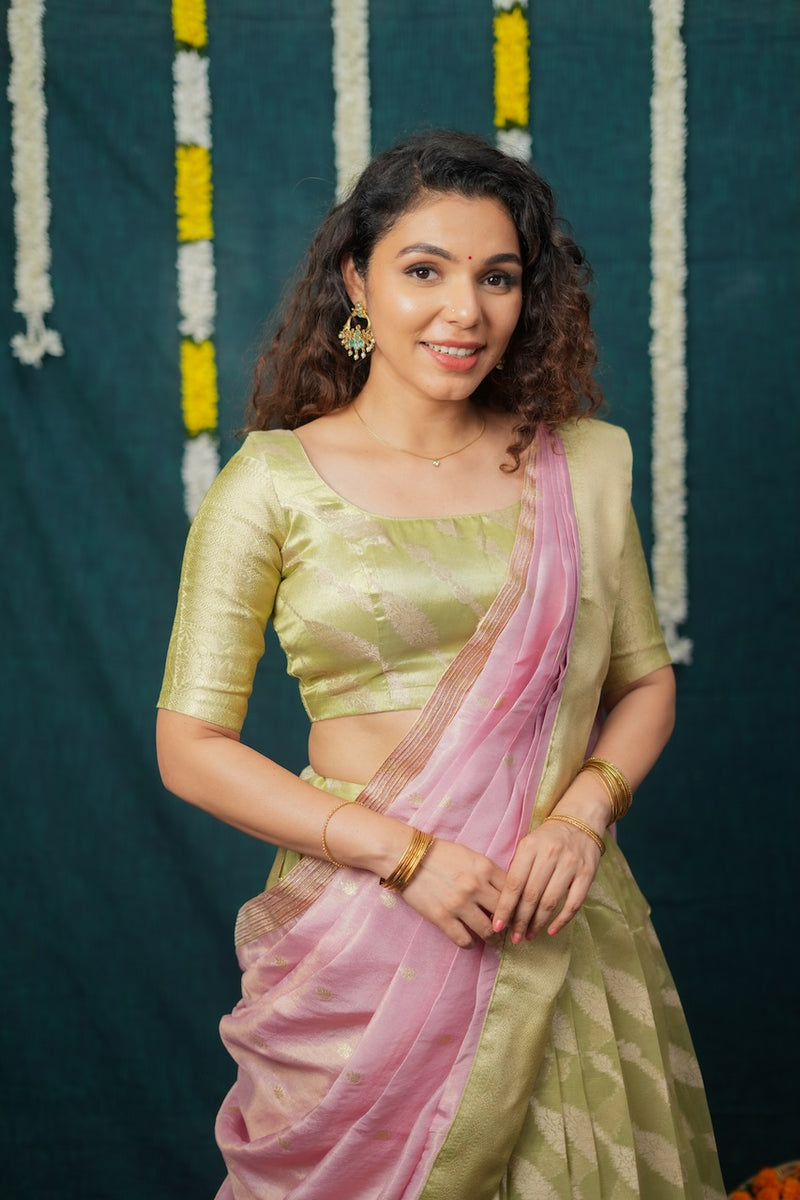 Aalaya Green with Pink Banarasi Half Saree Set