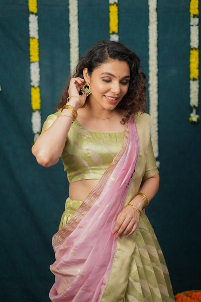Aalaya Green with Pink Banarasi Half Saree Set