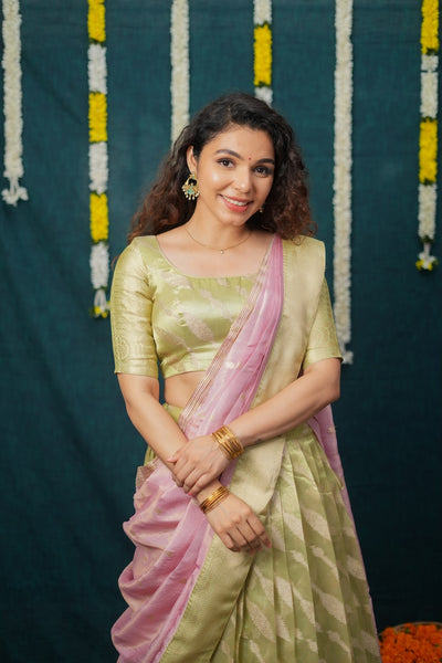 Aalaya Green with Pink Banarasi Half Saree Set