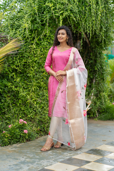 Malini Pink with White Organza Dupatta