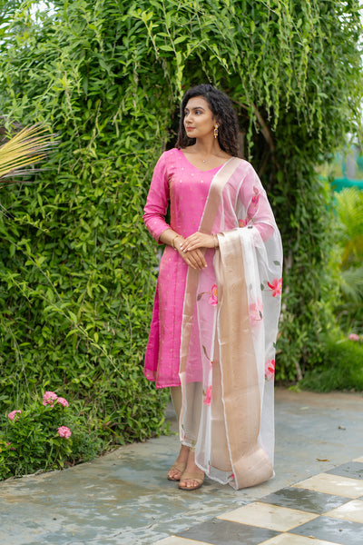 Malini Pink with White Organza Dupatta