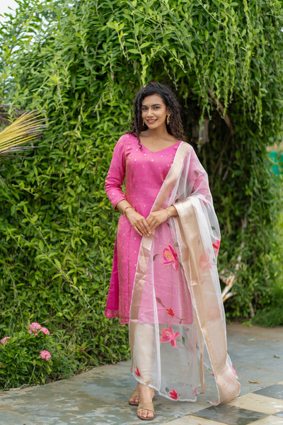 Malini Pink with White Organza Dupatta