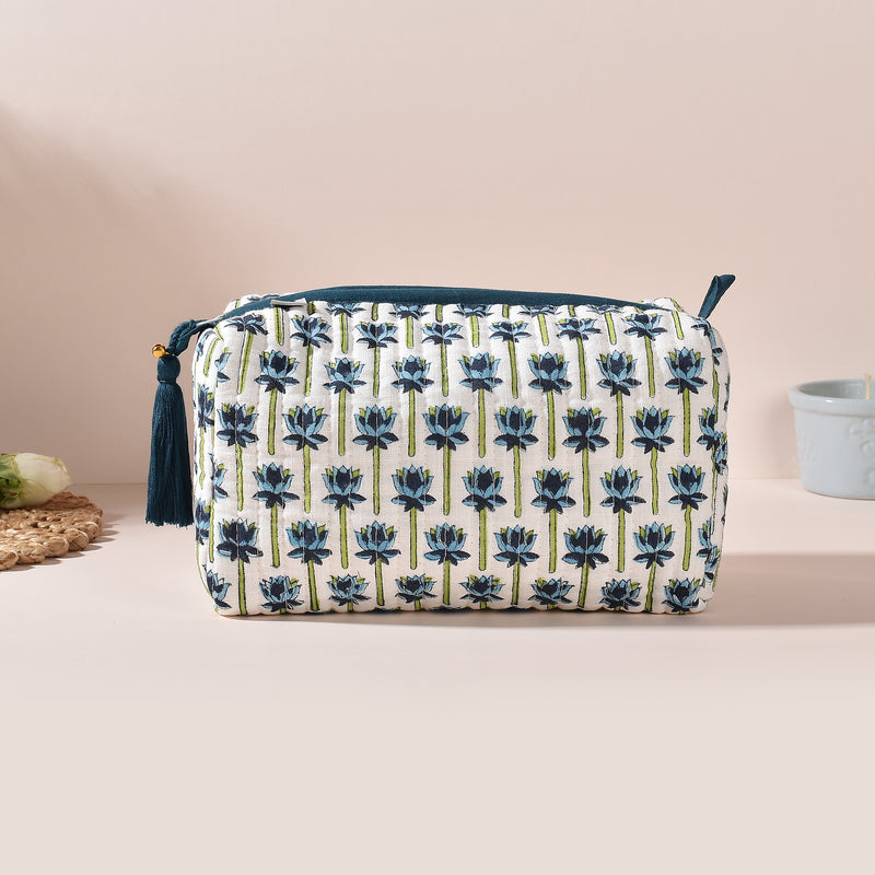 Hridya Blue Lotus White Toiletry Pouch