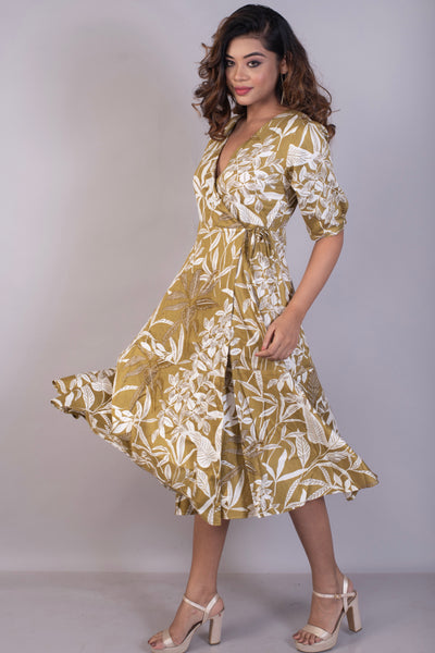 Tropical printed Brown Cotton Satin Wrap Dress