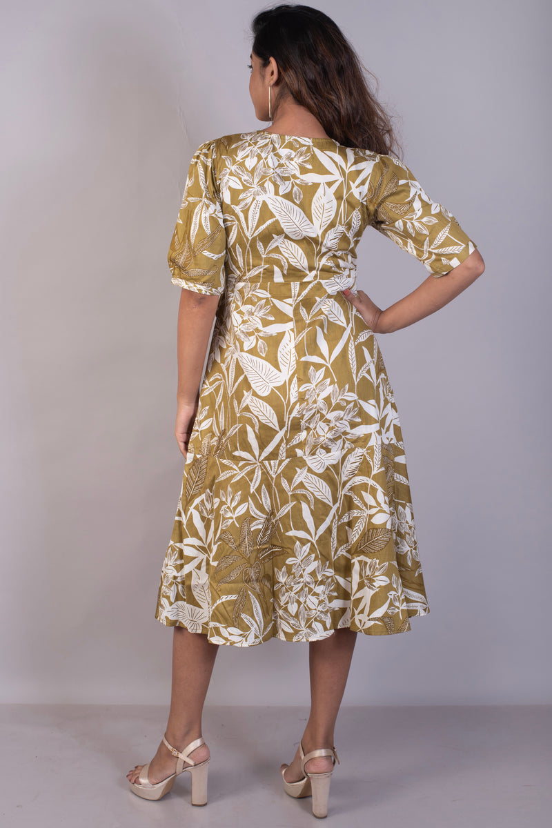 Tropical printed Brown Cotton Satin Wrap Dress