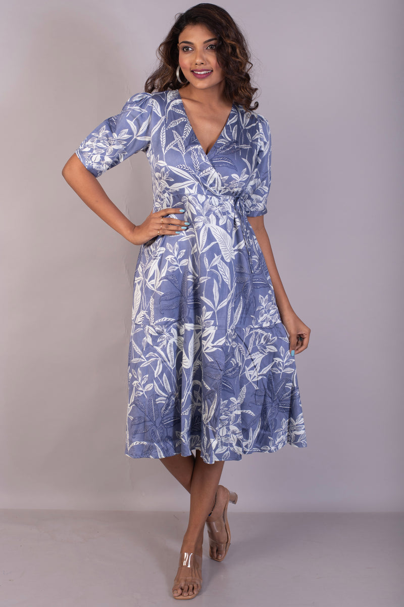 Tropical Printed Blue Cotton satin wrap dress