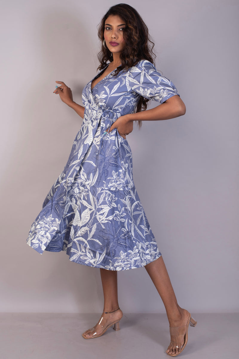 Tropical Printed Blue Cotton satin wrap dress