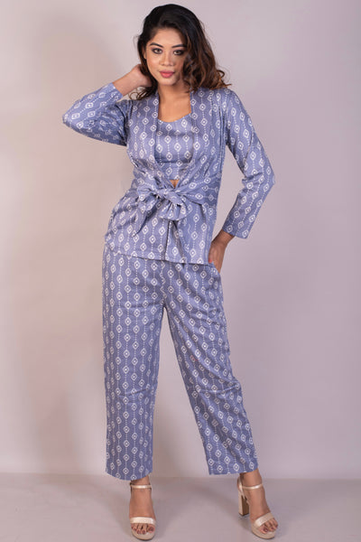 Geometrical printed blue cotton satin pant suit