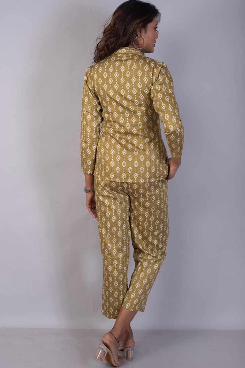 Geometrical printed brown cotton satin pant suit