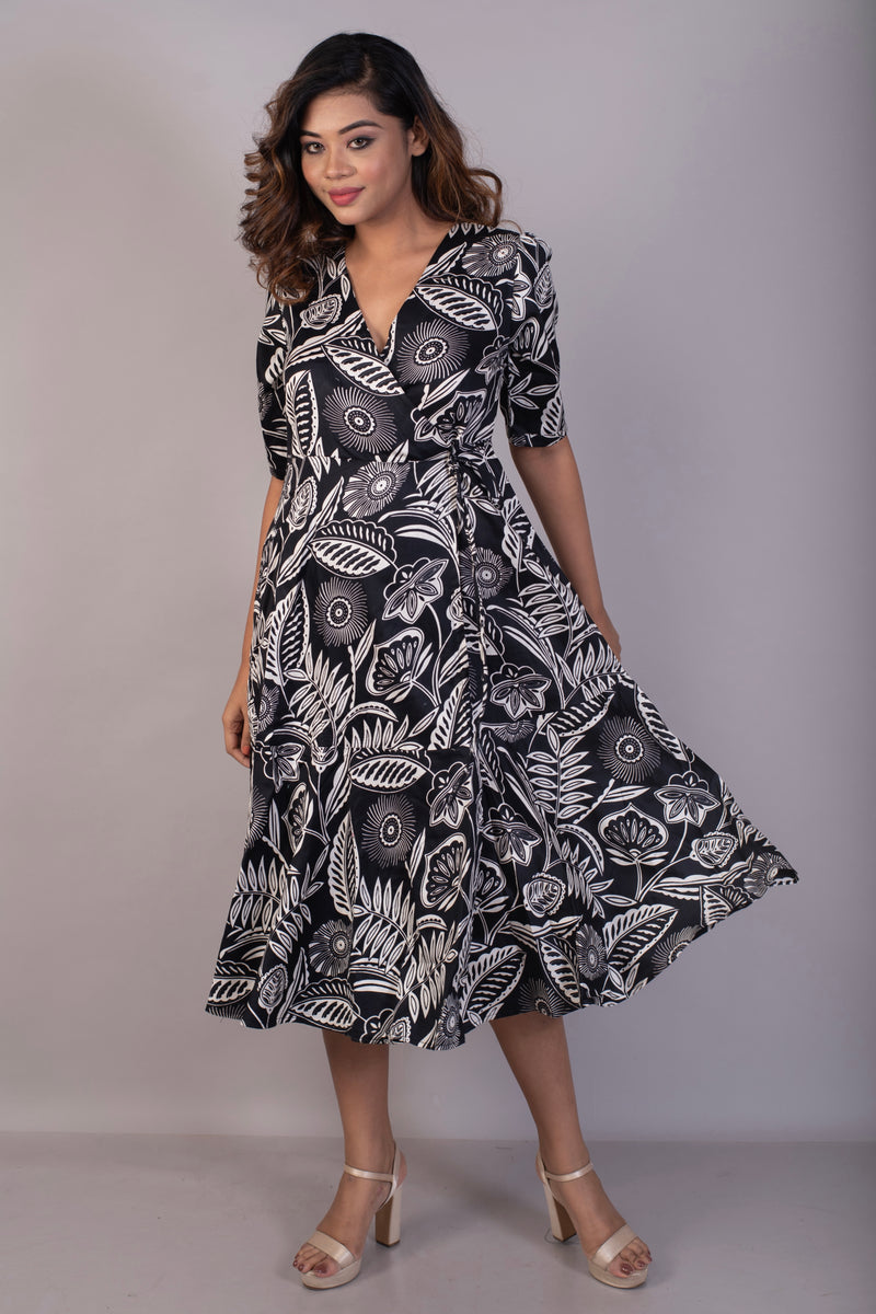 Tropical printed black cotton satin wrap dress