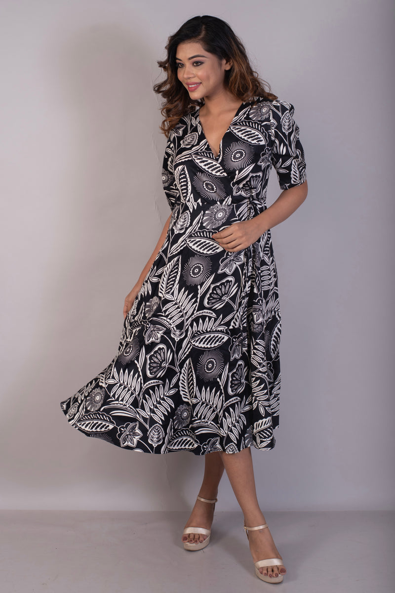 Tropical printed black cotton satin wrap dress