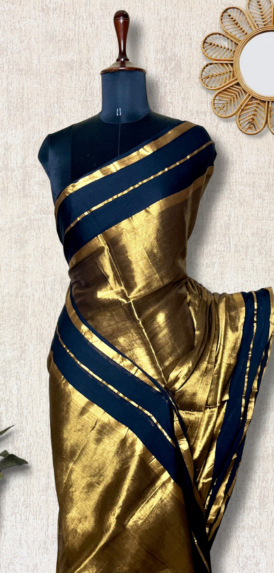 Handwoven Cotton Saree - Pearl Black + Shimmer Gold