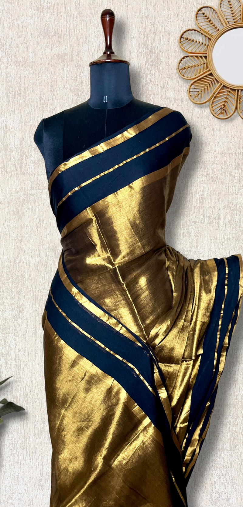 Handwoven Cotton Saree - Pearl Black + Shimmer Gold