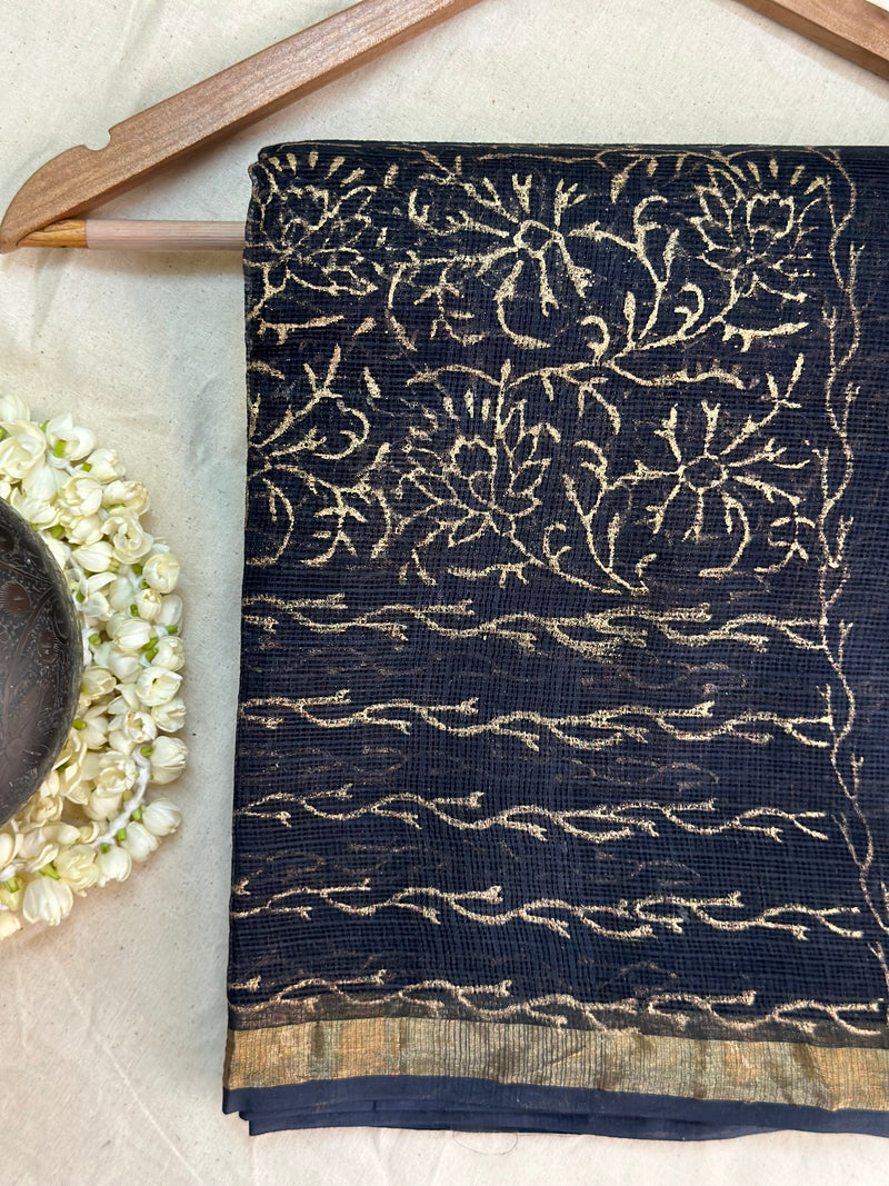 EXP - Kanmani Black with Gold Handblock print kota saree