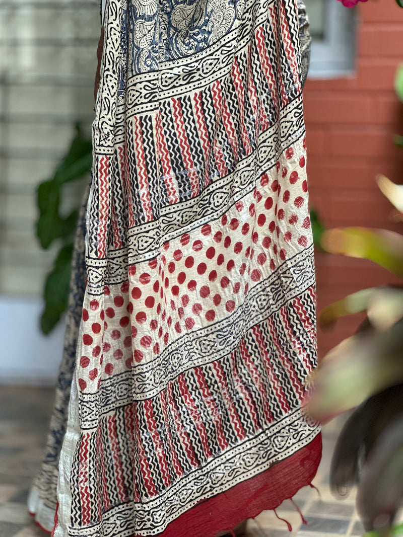 EXP - Kanmani blue floral linen saree