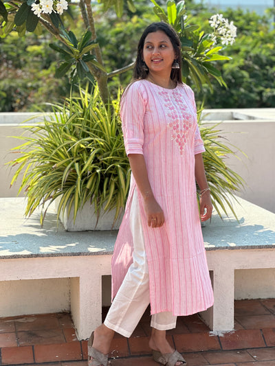 EXP - Pink Stripes - Embroidery Kurti