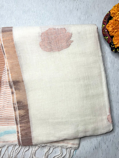 Handwoven Linen Saree - Pearl White Rose + Copper Zari