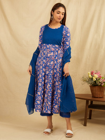 Blue cotton kurta pant set with dupatta