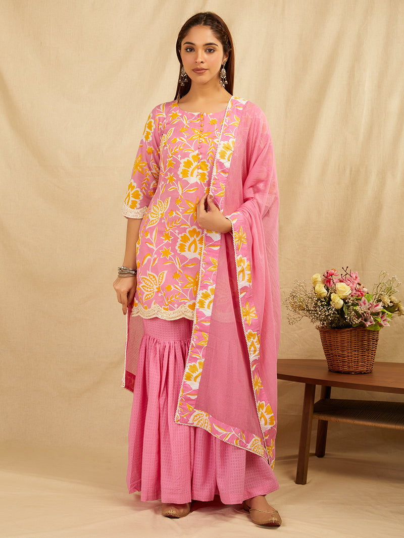 Pink cotton kurta sharara set with dupatta