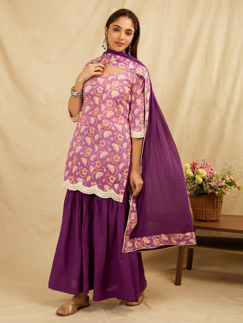Purple cotton kurta sharara set with Dupatta