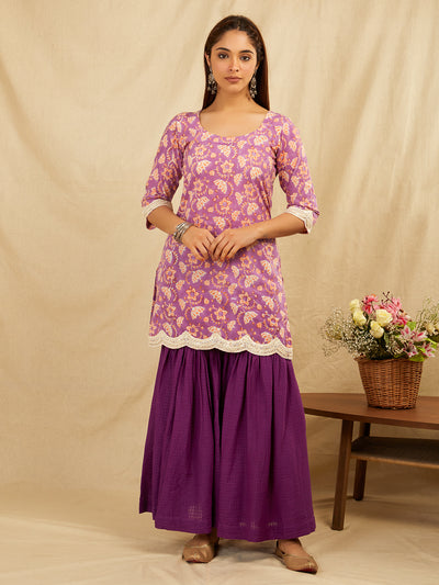 Purple cotton kurta sharara set with Dupatta