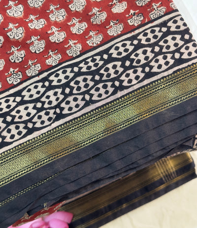 EXP - Kanmani Brick Handblock printed Maheshwari silk cotton saree