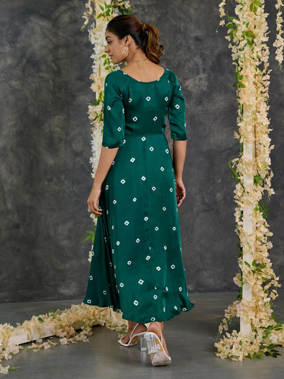 Green Bandhani Modal Satin Fit & Flare Dress
